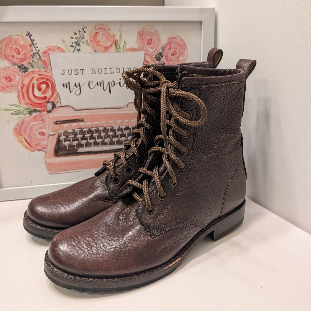 🥰 Vintage EUC Frye Veronica Distressed Leather Lace Up Mid Calf Combat Boots, 6